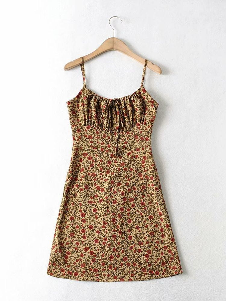 Summer Brown Floral Print Backless Sling Dress Summer Woman Adjust Spaghetti Strap Short Dresses Beach Holiday Vestidos