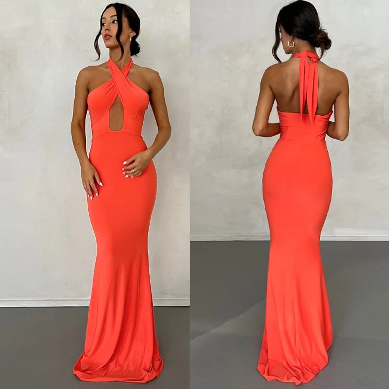 Elegant Backless Party Dress for Women Summer Sexy Halter Neck Bodycon Maxi Dress Evening Club Long Dress Black Vestido