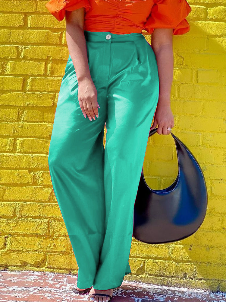 Pbong  mid size graduation outfit romantic style teen swag clean girl ideas 90s latina aestheticWomen Pants High Waist Shiny Wide Leg Elegant Casual Trousers with Zipper Elastic Waist Female African Fashion Office Business