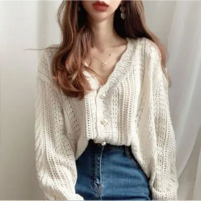 Fitaylor Autumn Spring Hollow Out V-Neck Pearl Buttons Single Breasted Women Female Woolen Knitted Cardigan Sweater