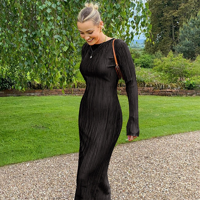 Elegant Bodycon Dress for Women Solid O Neck Flare Sleeves Long Summer Dresses Holiday Vestidos Black Red Orange