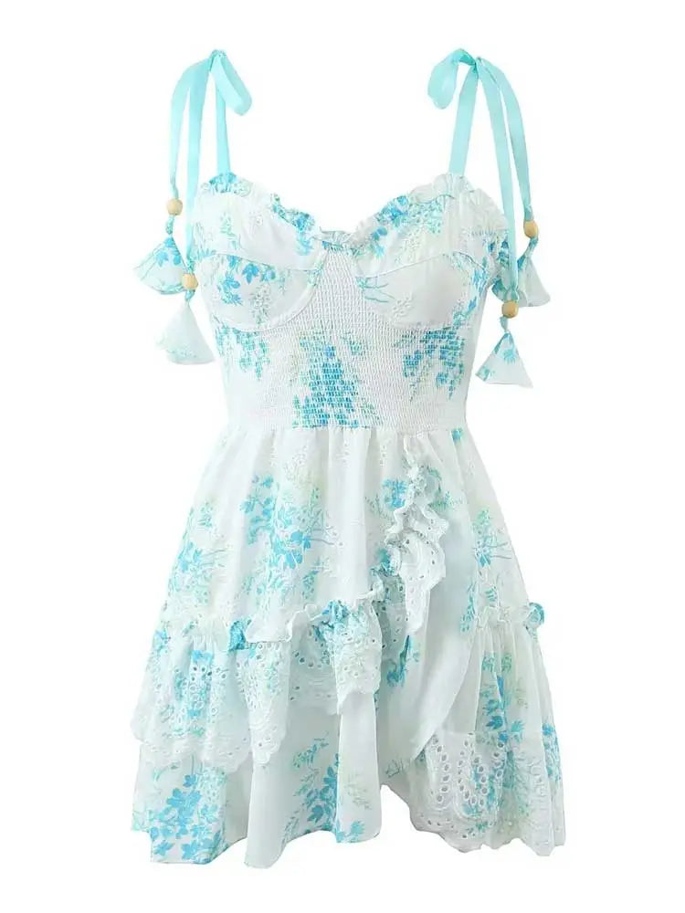 blue floral straps party dress bow tied shoulder smocked bodice embroidery summer dress chic ladies mini dress