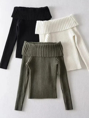 Autumn Winter Solid Color Rib Knitted Off the Shoulder Pullover Sweater Sexy Women Full Sleeve Slim Stretch Knitwear Jumper