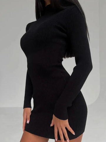 Knitted White Dress Turtleneck Long Sleeve Bodycon Dress Autumn Winter Elegant Party Evening Black Dresses for Women