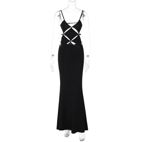 Elegant Black Hollow Out Slip Dress Sexy Summer Outfits for Women Sleeveless Backless Bodycon Maxi Evening Party Dresses