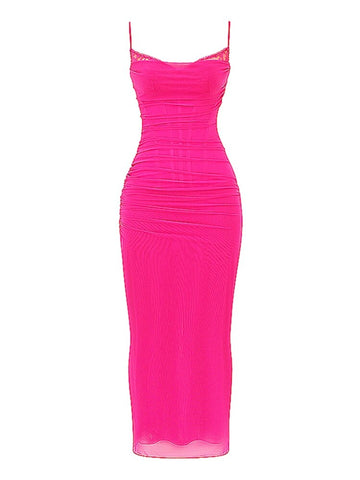 Elegant Spaghetti Strap Backless Sexy Maxi Dress For Women Fashion Two Layer Mesh Sleeveless Bodycon Club Party Dress