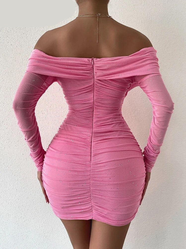 Glitter Pink Mini Dress For Women Off Shoulder Long Sleeves Autumn Vestidos Ruched Bodycon Ruched Sexy Party Dresses