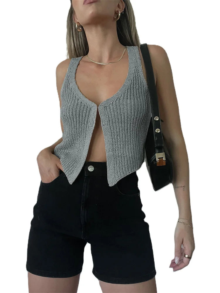 Backless Knit Slim Cardigan Y2k Top For Women Sexy Sleeveless Knitwear Coat Tank Top Patchwork Casual Ladies Cardigan