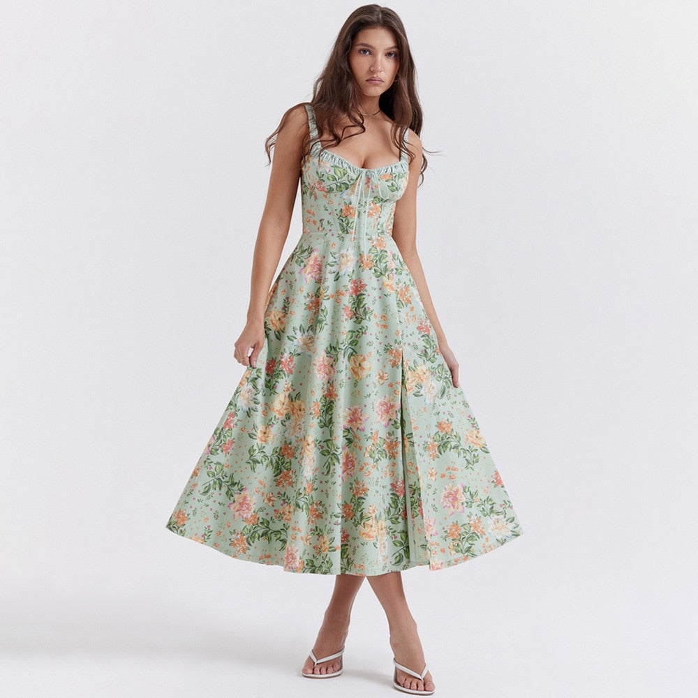 Floral Print Midi Elegant Summer Dress Green Side Slit Sexy Padded Holiday Party Dresses Casual Women Dress