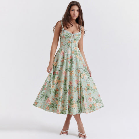 Floral Print Midi Elegant Summer Dress Green Side Slit Sexy Padded Holiday Party Dresses Casual Women Dress