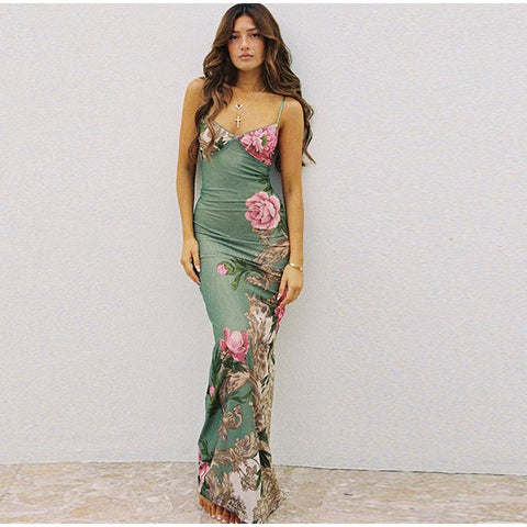 Sleeveless Floral Print Suspender Dress Women Fashion V-neck Slim Maxi Dresses Summer Chic Female Beach Party Club Robe