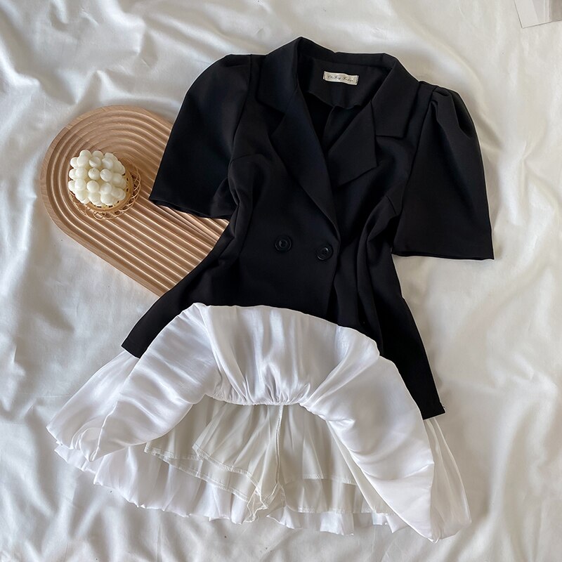 Women Black Suit Collar Short Sleeve Tops White Short Skirt Two Piece Set Casual Korean Fashion Baggy Ladies Suit Summer