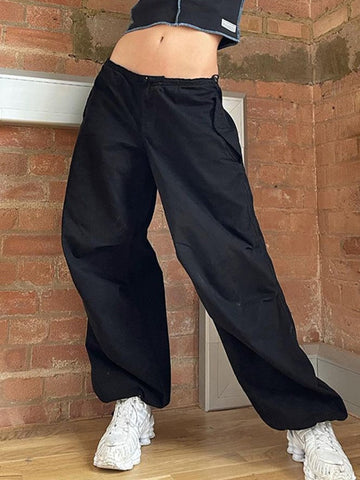 Y2K Streetwear Drawstring Cargo Parachute Pants Hippie Harajuku Loose Draped Low Waist Tech Sporty Trousers Oversize