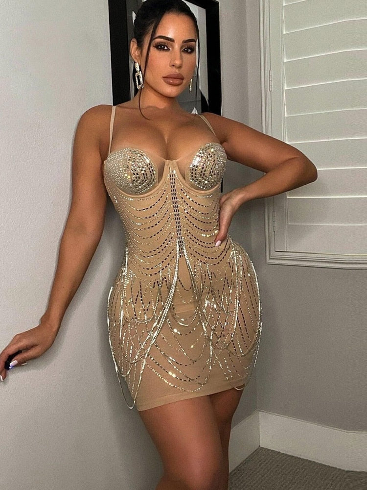 Sparkle Black Rhinestone Fringe Bodysuit Mini Dresses Women Summer Glam Mesh Sequins Short Party Dress Birthday Outfits