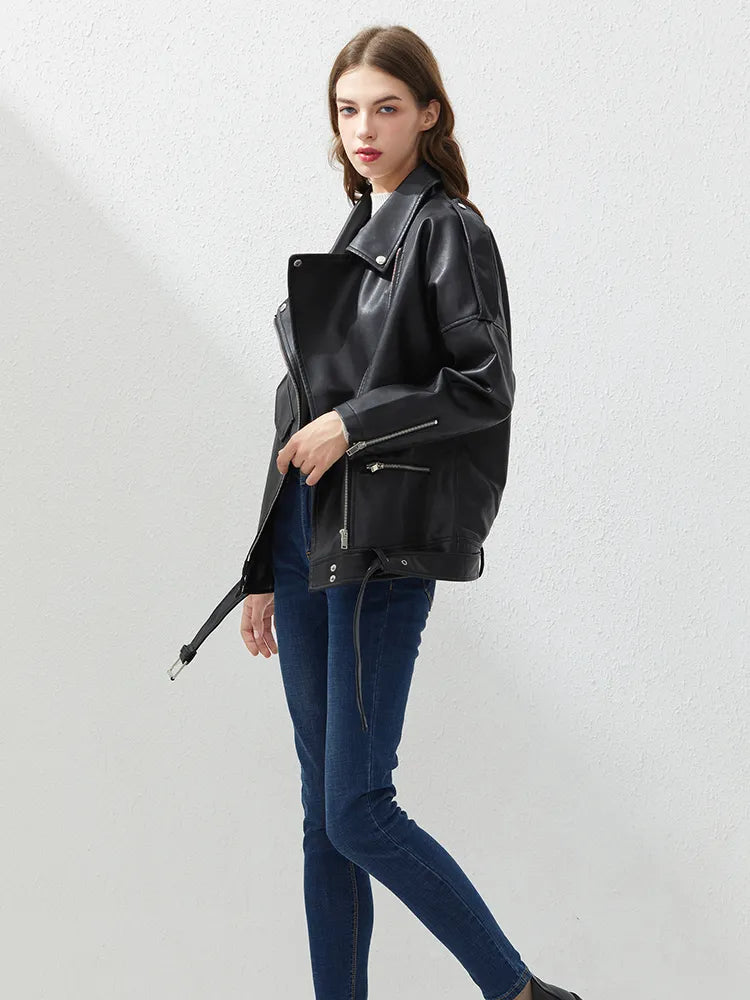 PU Faux Leather Jacket Women Loose Sashes Casual Biker Jackets Outwear Female Tops BF Style Black Leather Jacket Coat