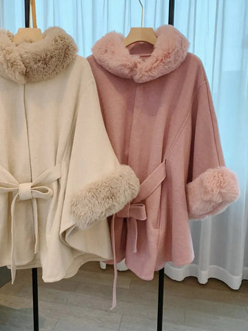 Elegant Autumn Winter Rex Rabbit Fur Collar Belt Knitted Poncho Cape Shawl Woolen Large Size Women's Coat