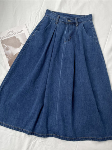 Spring Summer Denim Skirts Women Casual High Waist A-line Skirts Lady Loose Vintage Dark Blue Skirts