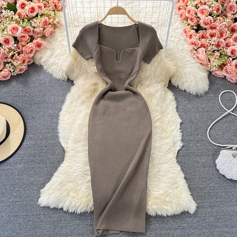 Sexy Chic Elastic Knit Bodycone Pencil Dress Solid Tight Midi Wrap Vestidos Korean Fashion Party Basic Slim Summer Women Robe