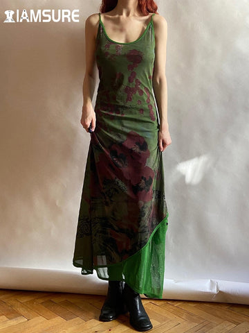 Sexy Slim Patchwork Long Mesh Dress Holiday Beach Style Sleeveless Maxi Dresses For Women Summer Fashion Ladies