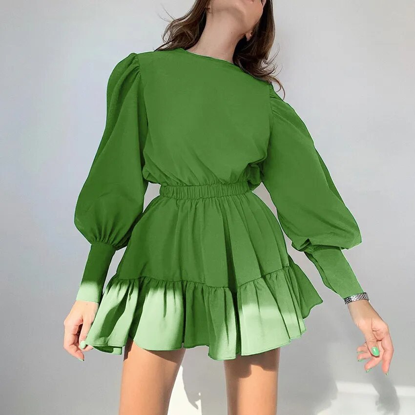 Sleeve High Waist A-Line Pleated Women'S Dress Casual O Neck Pink Mini Dresses Autumn Sexy Long Sleeve Robe