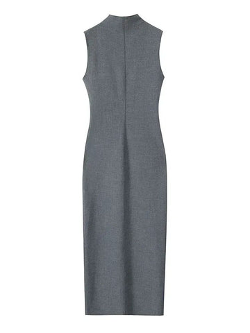 Elegant Women Solid Slim Dress Autumn New Female Simplicity Design Long Dress Fashion Rear Split Sleeveless Dress