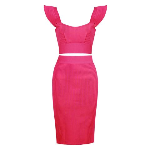 Pbong High Quality  Style Sexy Fashion Pink Black Red Bodycon Rayon Two Pieces Bandage Dress Two Pieces & Skirt Set