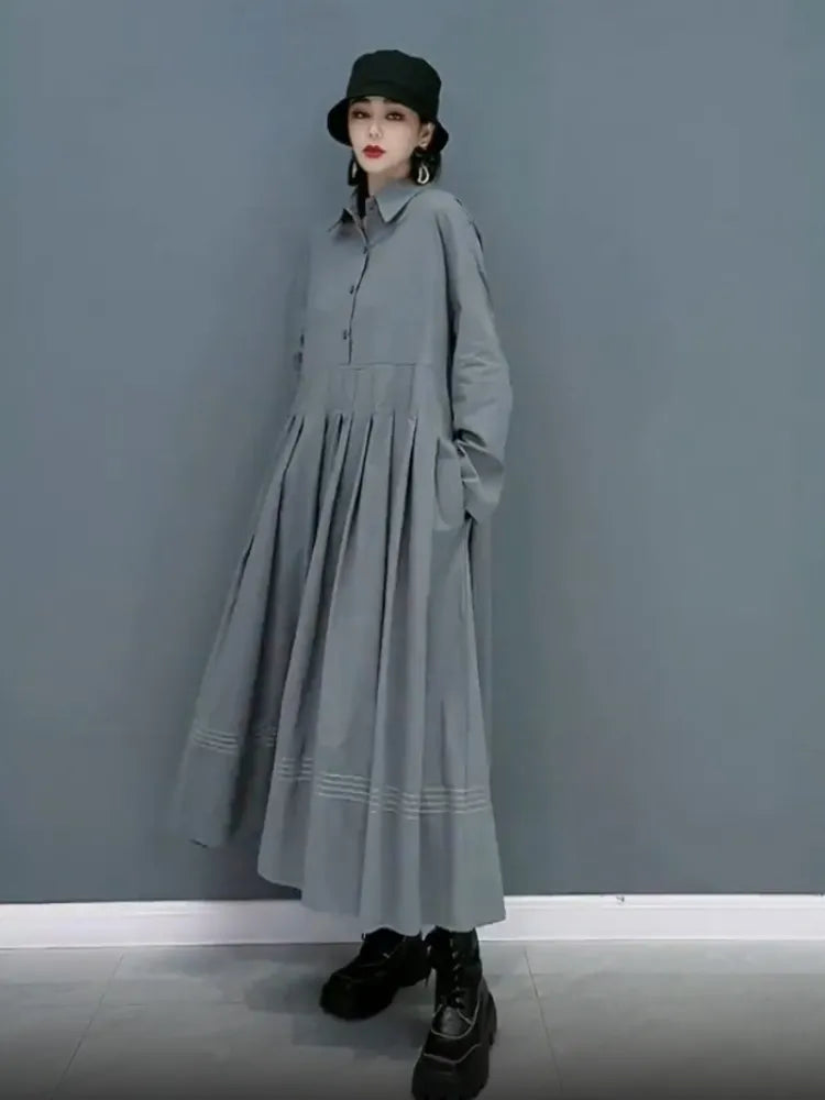 Spring/Summer Dress for Women Solid Collar Long Sleeve Panel Pleated Long Dresses Female Dress Women Clothing Streetwear Robe