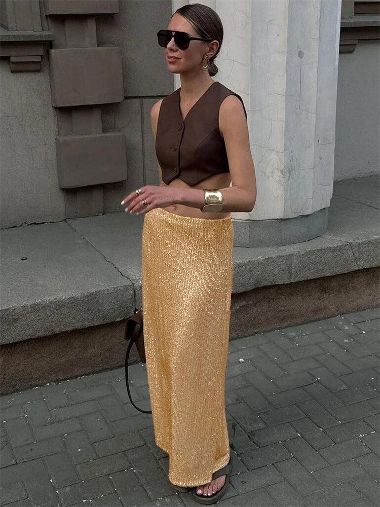 High Waist Sequin For Women Long Skirt Slim Split Fashion Elegant High Street Glitter Maxi Skirt Casual Female Long Skirt