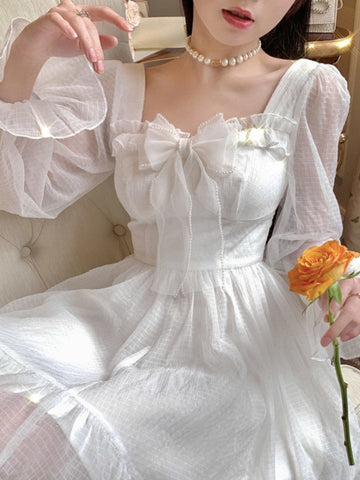 White Kawaii Dress Women Chiffon Lolita Style Long Sleeve Mini Dresses Bow Fairy Robe Ruffles Patchwork Square Collar