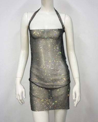 Spicy Girls Mini Dress Halter Shiny Diamante Low Neckline Hollow Out Backless Side Slit Vestido Party Clubwear Y2K Dresses