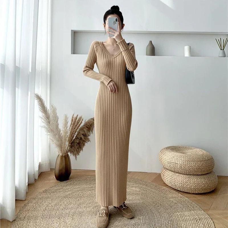 Elegant Solid Women Knitted Dress Simple Korean Slim Long Sleeve Ankle Length Dress Casual V Neck Office Ladies Chic Dress