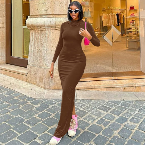 Hooded Long Sleeve Maxi Dresses For Women Tight Black Long Dress Plain Bodycon Autumn Winter Dress