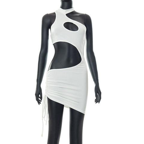 Dress Women Sexy Cutout Sleeveless Diagonal Neck Dress Summer New Female Solid Color Midnight Glamorous Party Dress