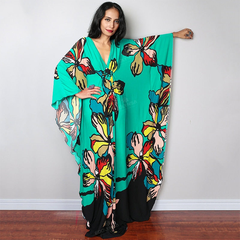 Print Maxi Dress Batwing Sleeve Tunic Spring Autumn Beach Dress Casual Plus Size Women Beachwear Kaftan Cover-ups Pbong mid size graduation outfit romantic style teen swag clean girl ideas 90s latina aesthetic