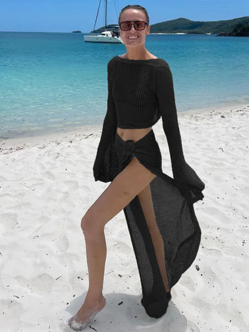 Sexy Knit Cut Out Bell Sleeve Short Top Lace-up Beach Slit Leg Skirt Suit Summer Women Bikini Cover-ups Beachwear Set BeachCover