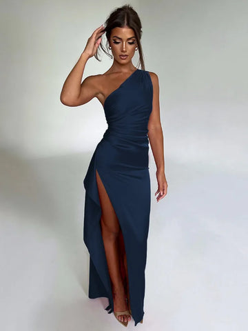 Elegant Party Maxi Dresses for Women One Shoulder High Split Bodycon Dress Sleeveless Backless Sexy Satin Dress Red Brown Blue