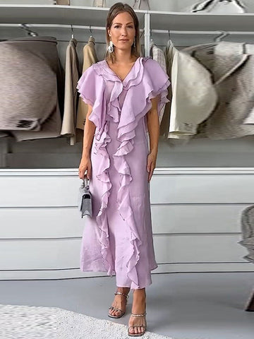 Elegant Ruffles Layer Long Dress Women Sexy V-neck Sleeveless High Waist Dresses Fashion Female Evening Party Club Vestidos