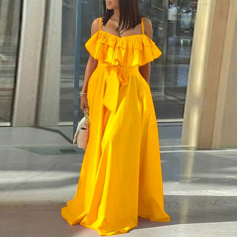 Pbong mid size graduation outfit romantic style teen swag clean girl ideas 90s latina aesthetic freaknik tomboy swaggy going out clasSpring Holiday Beach Kleid Robe Women Spaghetti Strap Sundress Stylish Solid Ruffle Off Shoulder A-Line Pleated Dress