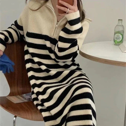 Korean Chic Big Lapel Zipper Stripe Mid Length Knit Dress Autumn Winter Pullover Long Sleeve Loose Warm Women Dress  New