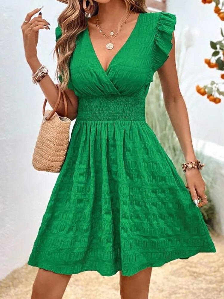 Elegant Short Dresses For Women Summer Casual Slim Red Sleeveless Holiday Beach Dress Fashion V Neck A-line New In Dresses