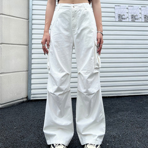 Cyber Y2K White Cargo Pants Women Korean Style Egirl Brown Wide Leg Trousers Oversized Streetwear Hip Hop Pleated Pantalon