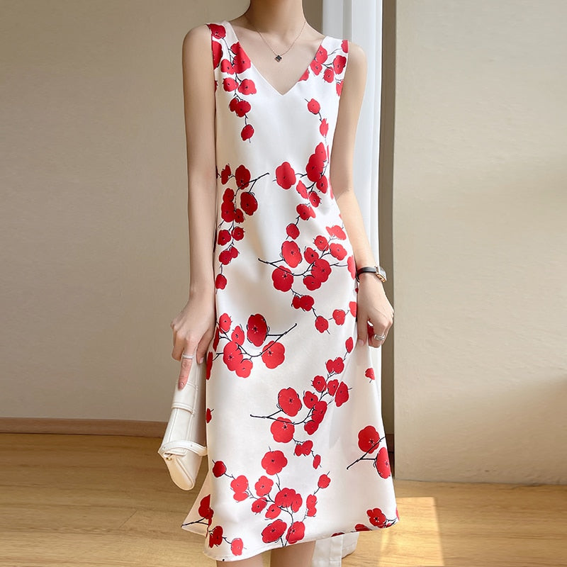 Explosive French Acetate Sling Dress Women's Summer New Waist Long Skirt High-End Printed Skirt Suit Matching