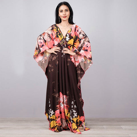 Print Maxi Dress Batwing Sleeve Tunic Spring Autumn Beach Dress Casual Plus Size Women Beachwear Kaftan Cover-ups Pbong mid size graduation outfit romantic style teen swag clean girl ideas 90s latina aesthetic