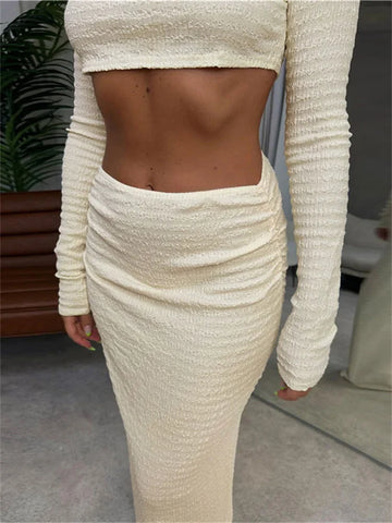 Patchwork Slim Female 2 Piece-Set Fashion Long Sleeve Crop top And Maxi Skirt Sets High Street Pullover For Women Outfits