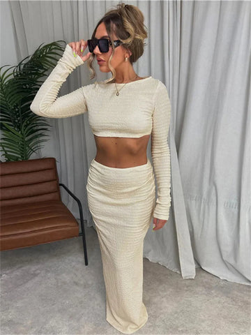 Patchwork Slim Female 2 Piece-Set Fashion Long Sleeve Crop top And Maxi Skirt Sets High Street Pullover For Women Outfits