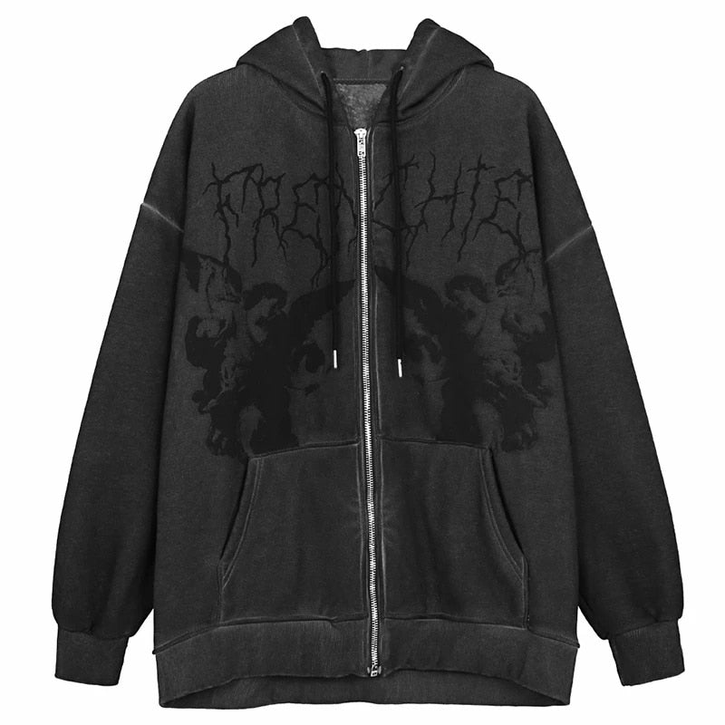 Hip Hop Streetwear Women Angel Dark Print Harajuku Hooded Jacket Sweatshirts  Autumn Punk Zipper Y2k Tops Coat Goth Outwear