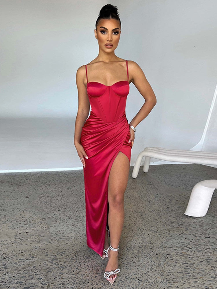 Elegant Satin Spaghetti Strap High Split Midi Dress For Women Robe  Backless Ruched Party Long Dresses Vestido
