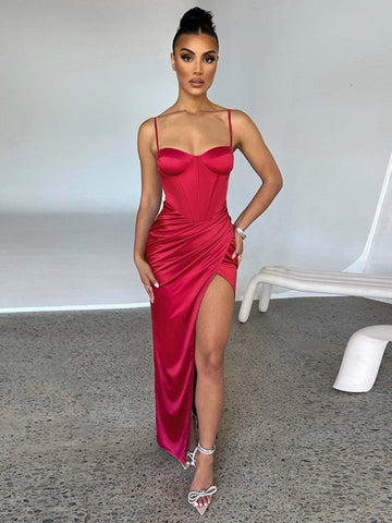 Elegant Satin Spaghetti Strap High Split Midi Dress For Women Robe  Backless Ruched Party Long Dresses Vestido