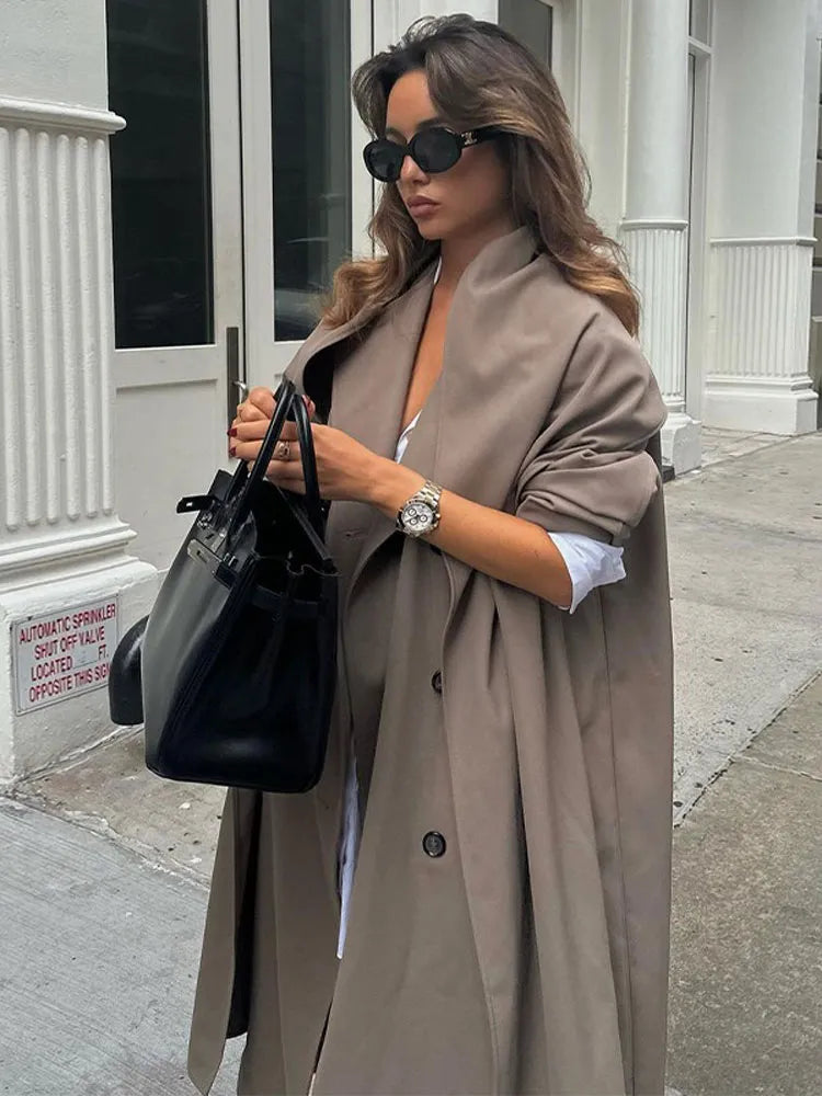 Lapel Collar Long Sleeve Women Long Coat With Scarf Double Breasted Oversized Loose Female Overcoat Chic Autumn Winter Top