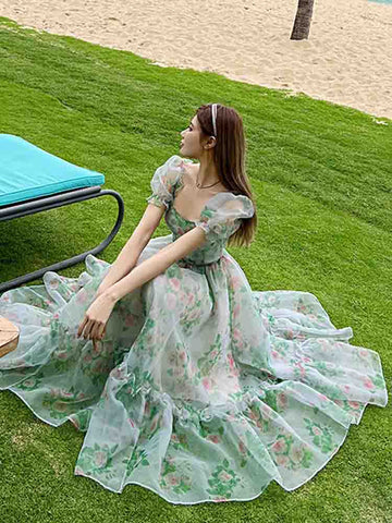 French Vintage Floral Midi Dress Women Organza Elegant Casual Party Fairy Dress Casual Holiday Princess Dress Women Spring